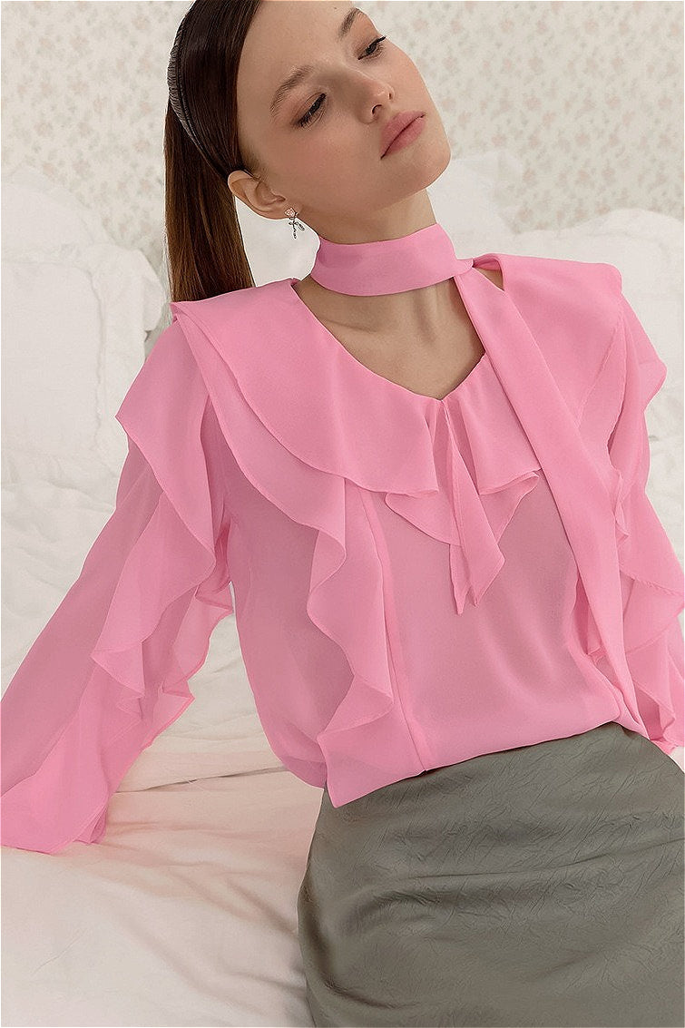 Elegant Solid Chiffon Ruffled Tie Blouse