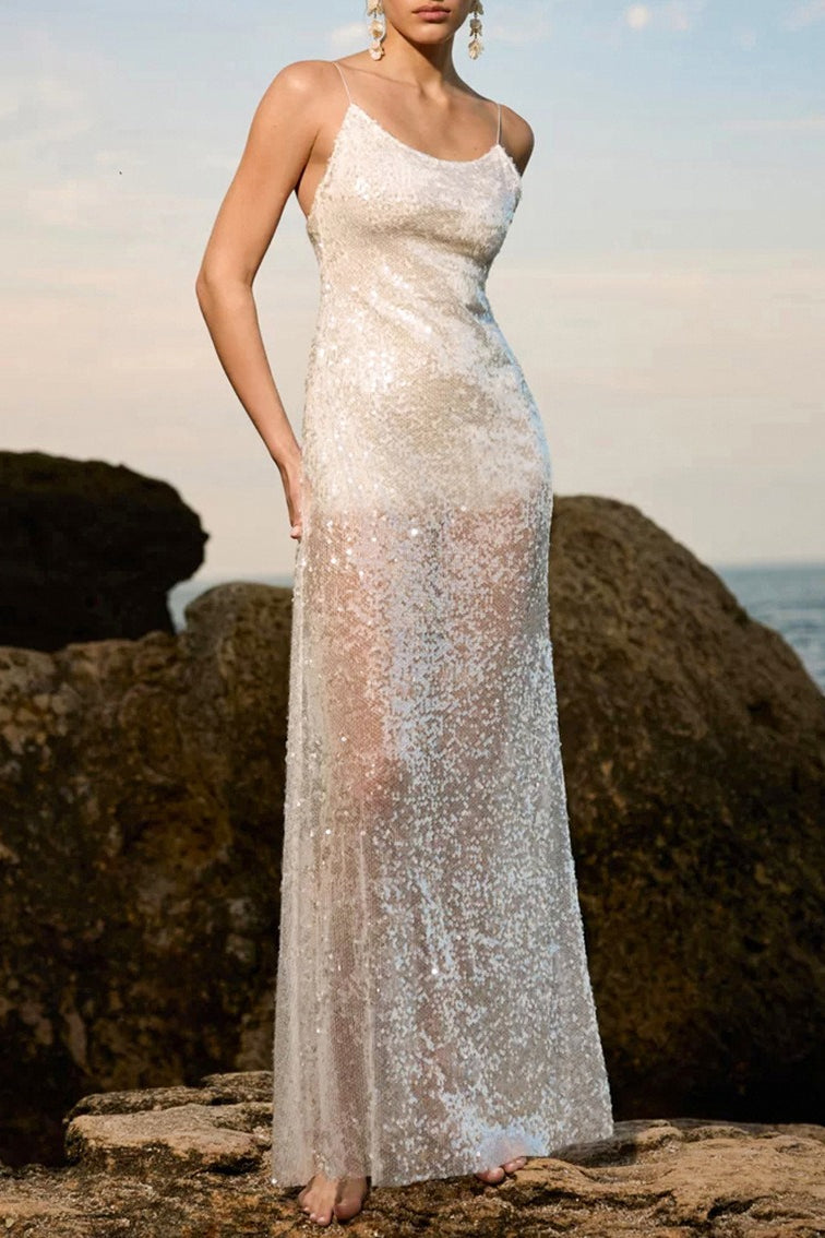 Sequin Scoop Neck Spaghetti Strap Maxi Gown 7