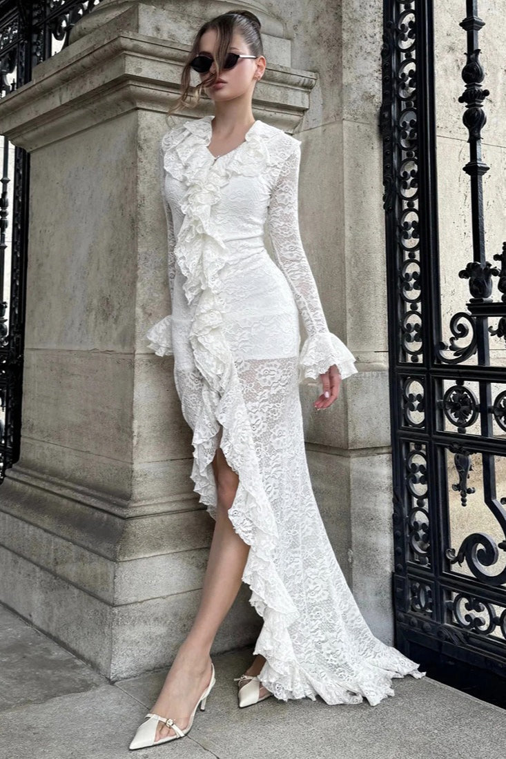 Lace Long Sleeve Deep V-Neck Ruffle Trim High Low Maxi Gown - View 2