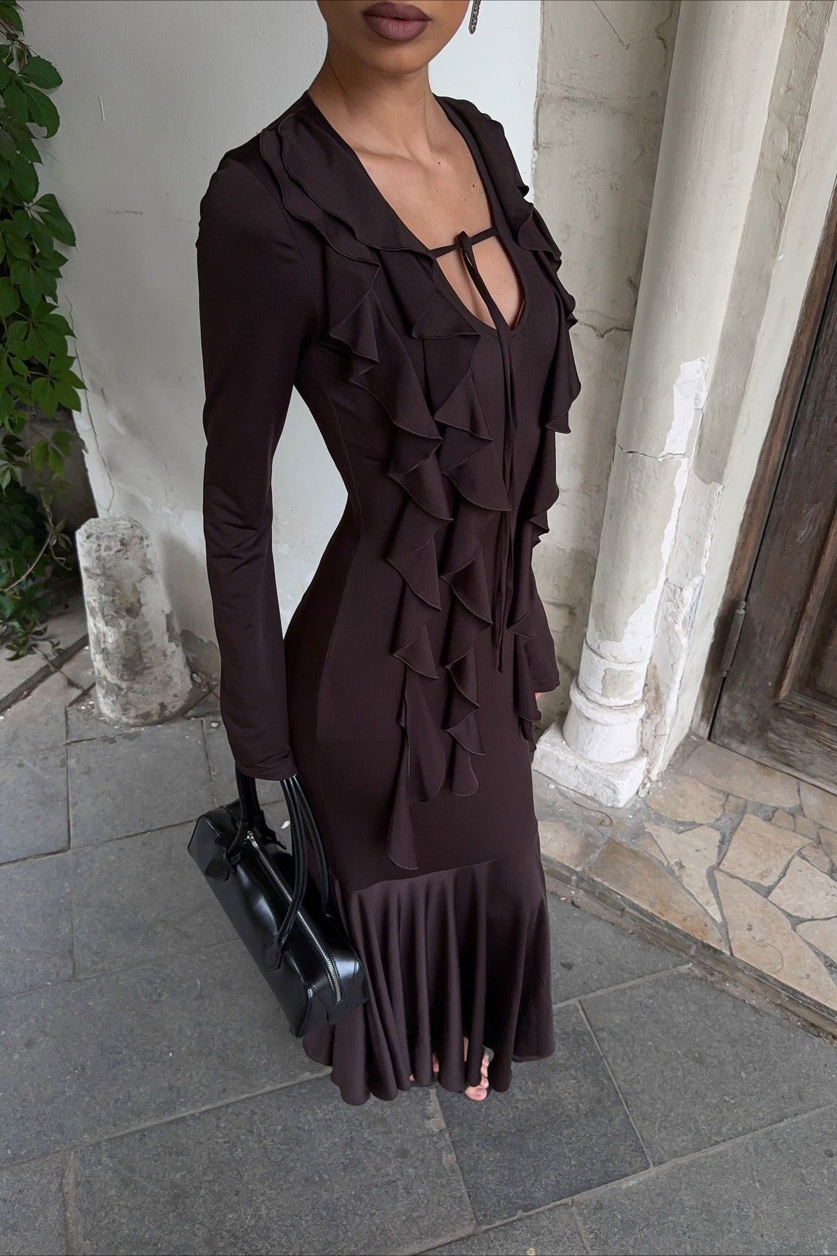 Ruffle Tie-Front Long Sleeve Fishtail Maxi Dress 4