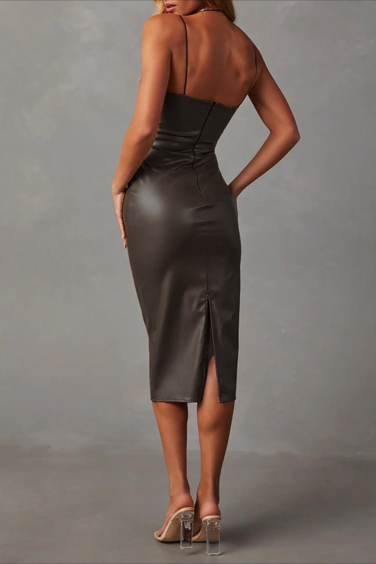 Vintage PU Leather Spaghetti Strap Bodycon Midi Dress