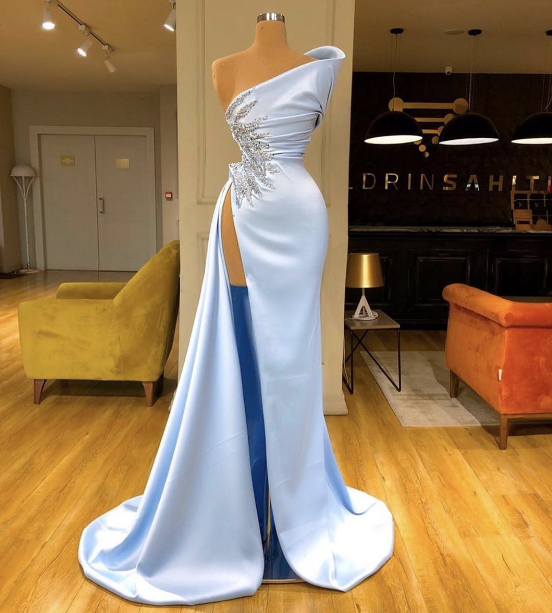 Baby Blue One Shoulder Prom Dress High Split - Fashionpara