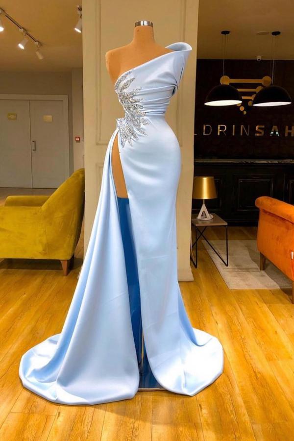 Baby Blue One Shoulder Prom Dress High Split - Fashionpara