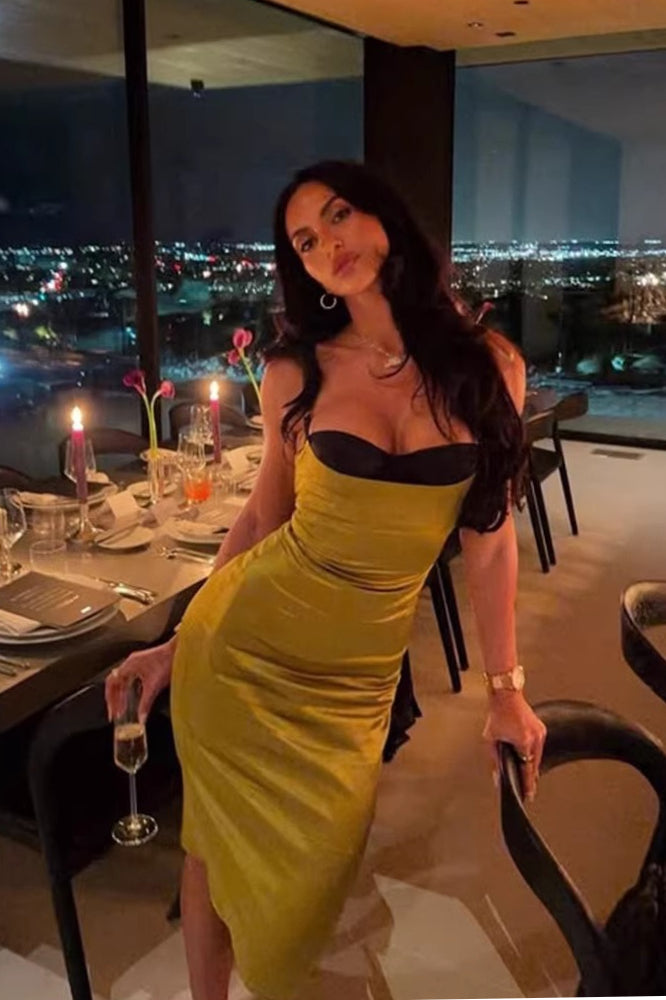 Satin Cowl Neck Ruched Strappy Bodycon Midi Dress