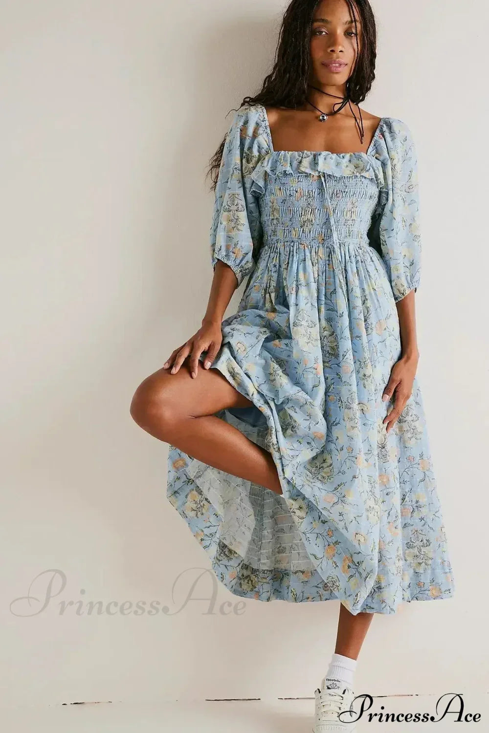 Backless Ruffled Hem Printing Midi Boho Dress Blue / S bohodress-250126