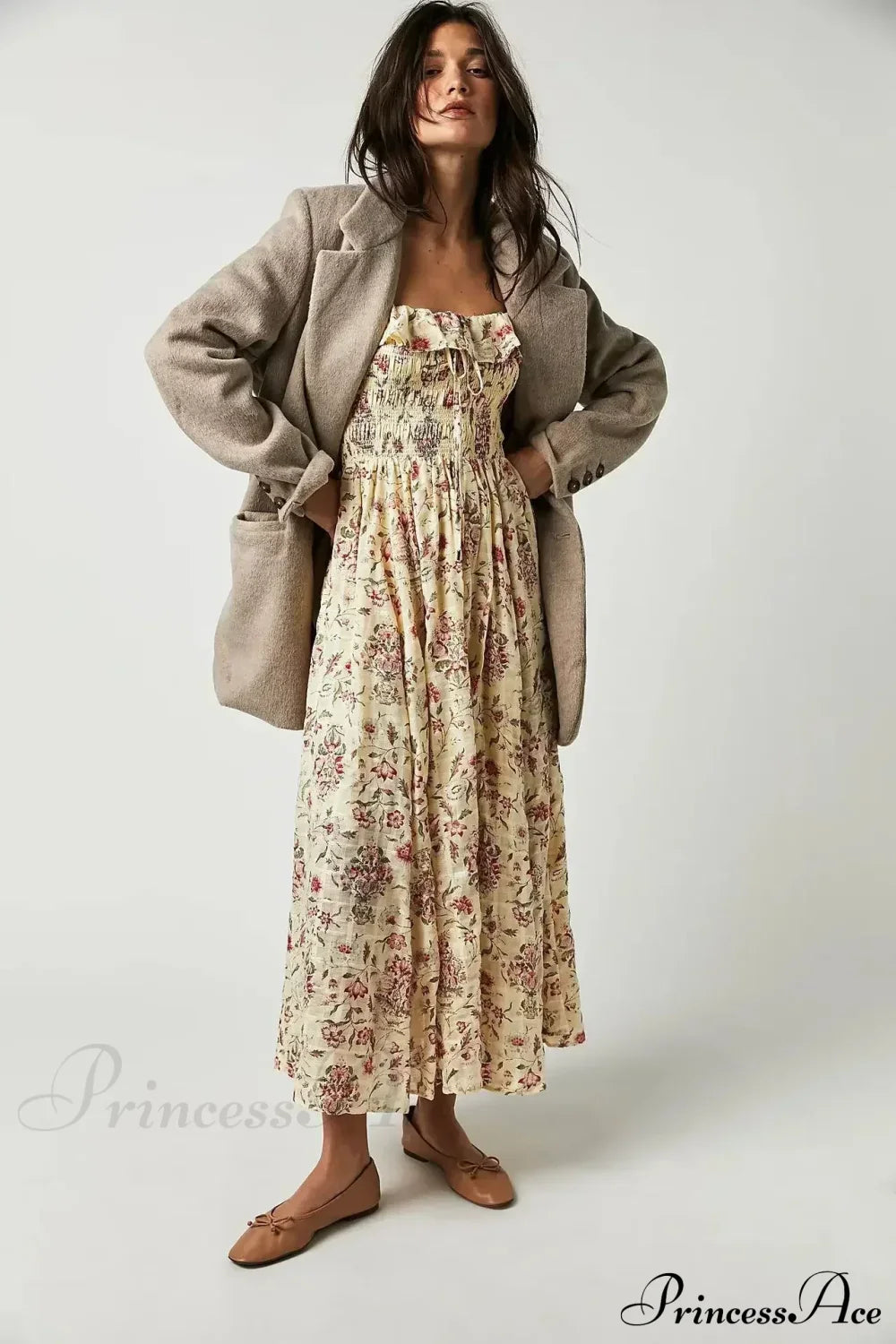 Backless Ruffled Hem Printing Midi Boho Dress