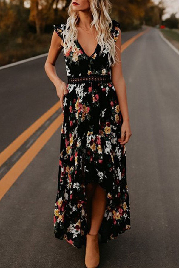 Backless Floral Print High Low Dress - Mislish