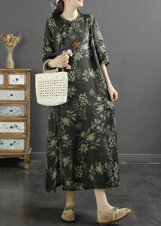 Botanical Print Frog Button Cheongsam Three Quarter Sleeve Maxi Dress - View 2