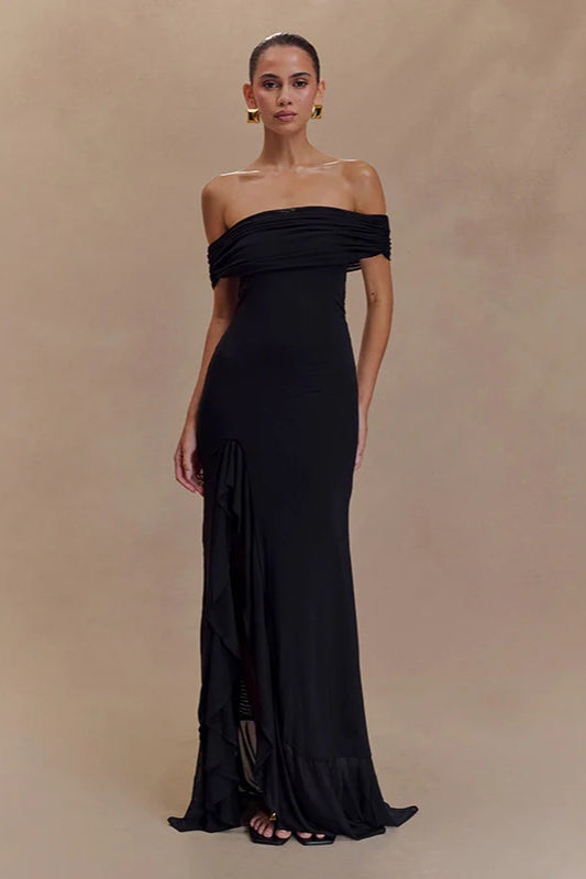 Off-Shoulder Ruffle Mesh Split Maxi Party Dress
