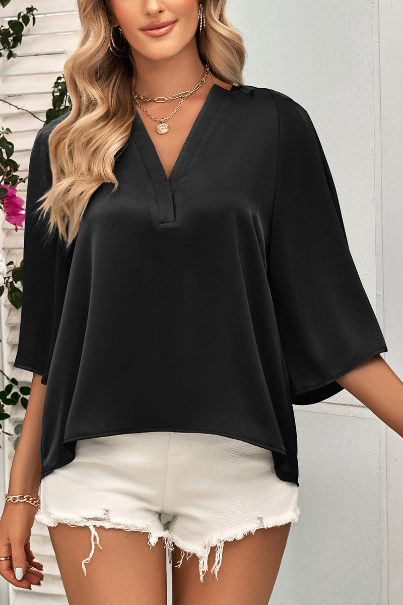 V Neck Solid Color Loose Casual Top