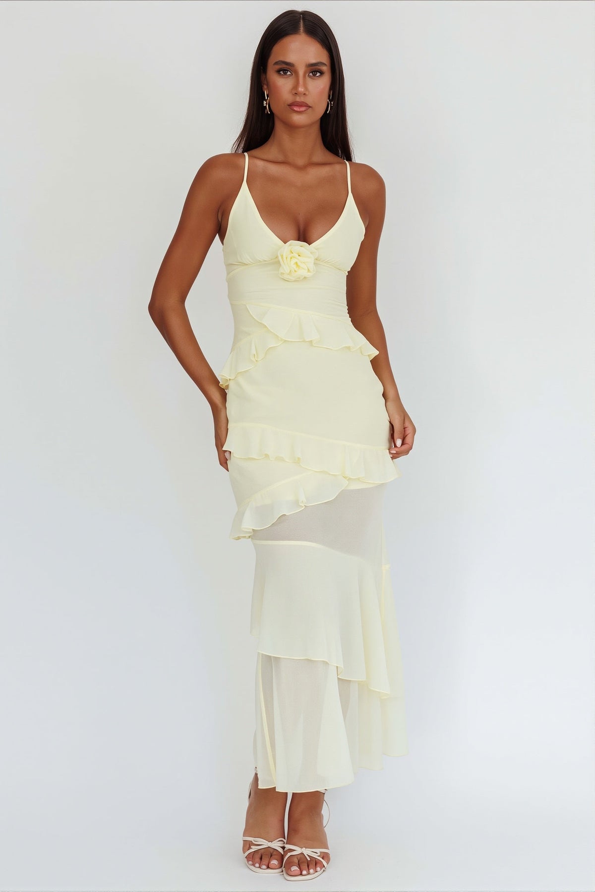 Chiffon V-Neck Rosette Ruffle Tiered Maxi Dress