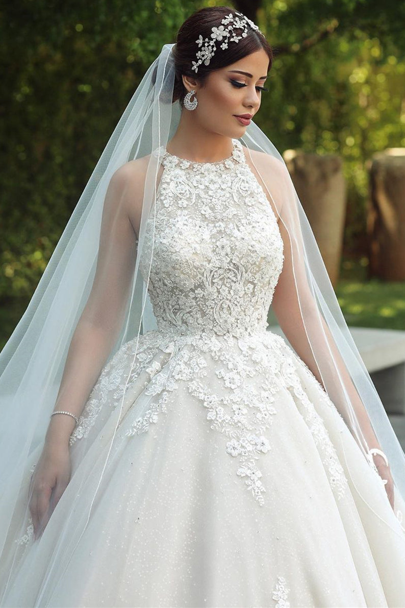Ball Gown Halter Floor Length Backless Tulle Lace Applique Wedding Dress