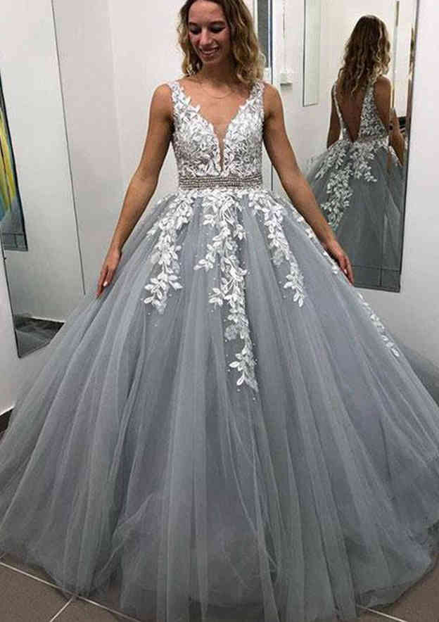 Ball Gown Sleeveless Long/Floor-Length Tulle Prom Dress/Evening Dress with Laced Appliqued Beading - Fashionpara