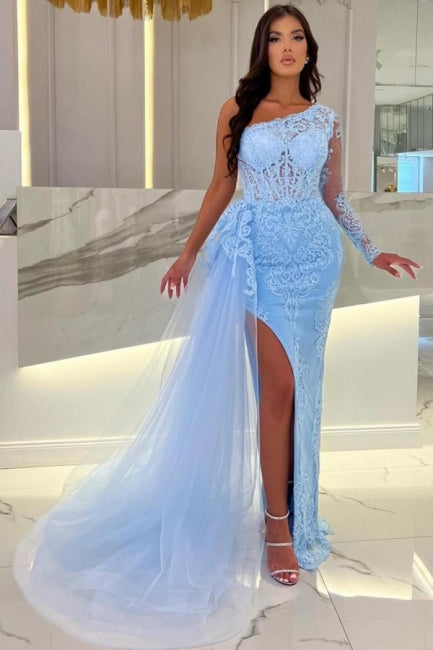 Ballbella Column Long Slit Front Sky Blue Tulle One Shoulder Long Sleeve Evening Dress with Lace