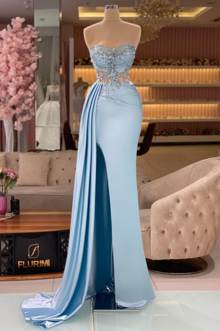 Ballbella Column Slit Front Long Sweetheart Strapless Sleeveless Sky Blue Ruffle Stain Evening Dress with Beadings
