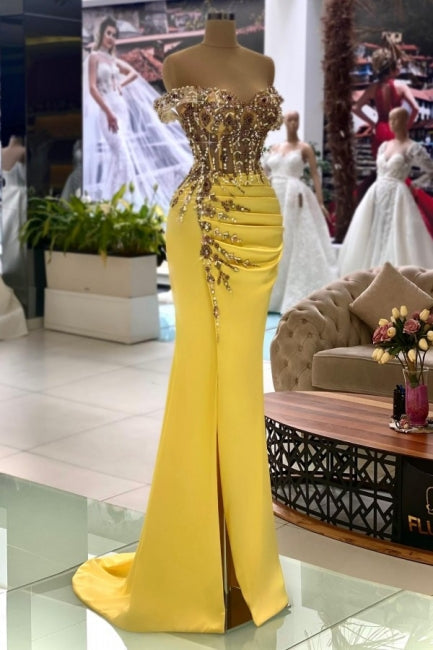 Ballbella Column Yellow Sleeveless Off-The-Shoulder Stain Long Sweetheart Evening Dress with Beadings