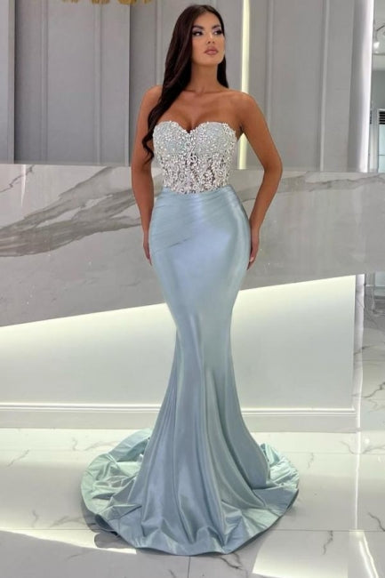 Ballbella Mermaid Sky Blue Stain Sleeveless Sweetheart Long Prom Dress with Beadings