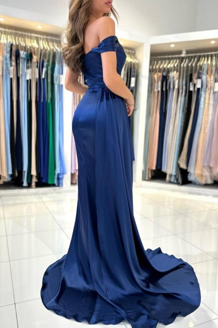 Ballbella Stain Royal Blue Sweetheart Slit Front Off-the-Shoulder Strapless Evening Dress with Ruffles