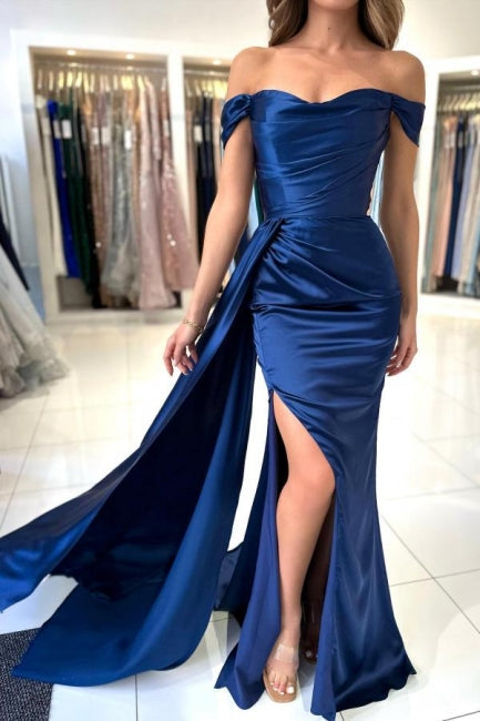 Ballbella Stain Royal Blue Sweetheart Slit Front Off-the-Shoulder Strapless Evening Dress with Ruffles