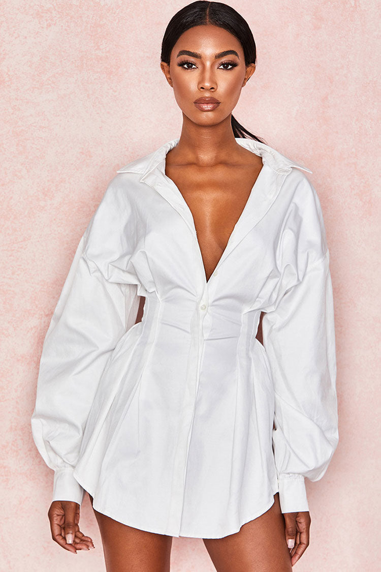 Balloon Sleeve Cinch Waist Button Down Mini Shirt Dress - White Fashionpara