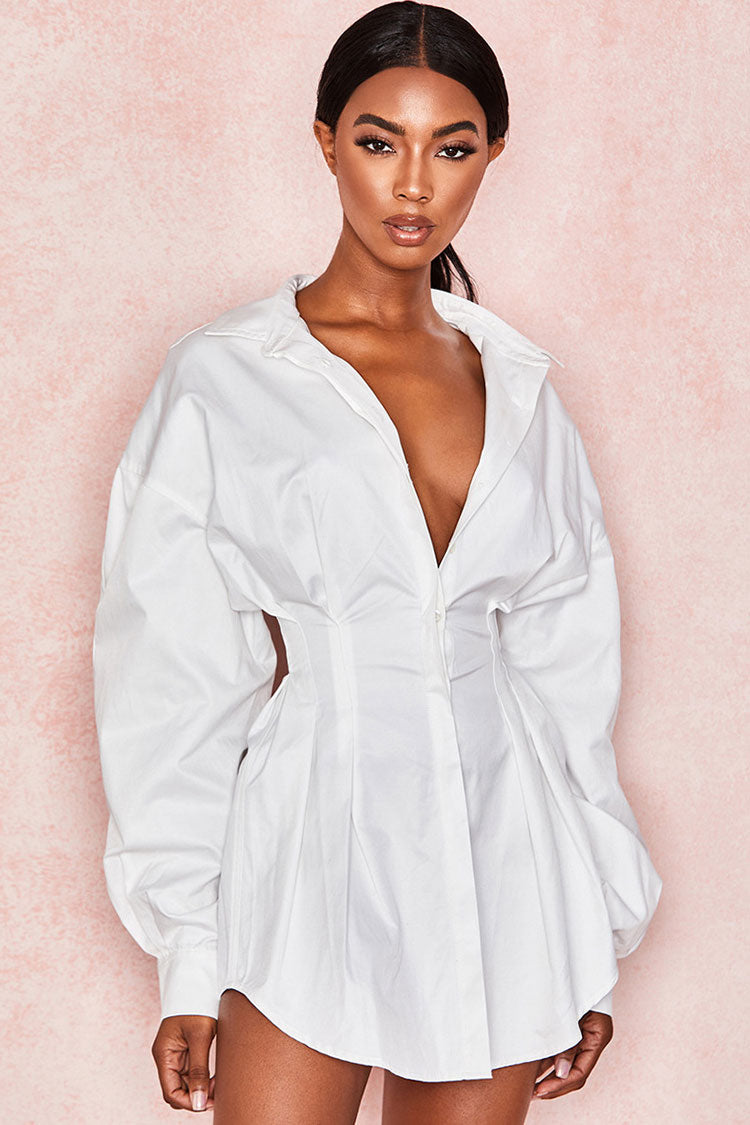 Balloon Sleeve Cinch Waist Button Down Mini Shirt Dress - White Fashionpara