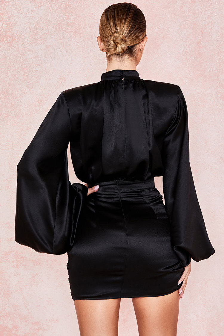 Balloon Sleeve Mock Neck Ruched Bodycon Satin Mini Party Dress - Black - Fashionpara
