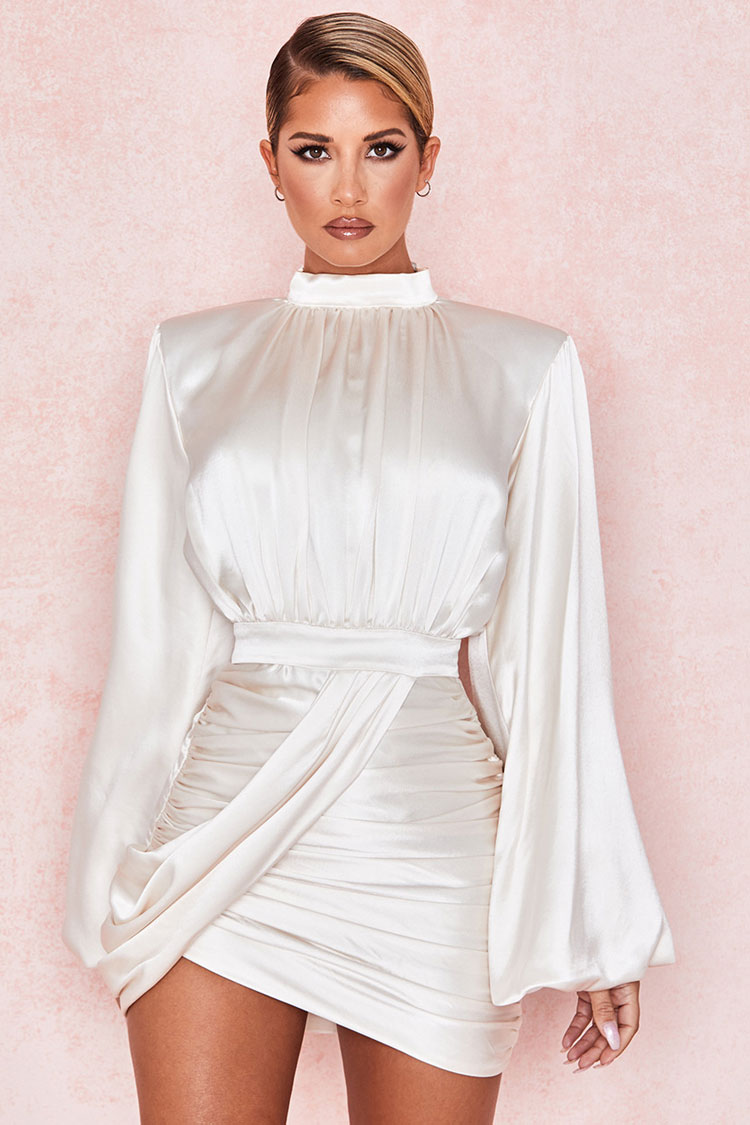 Balloon Sleeve Mock Neck Ruched Bodycon Satin Mini Party Dress - White - Fashionpara