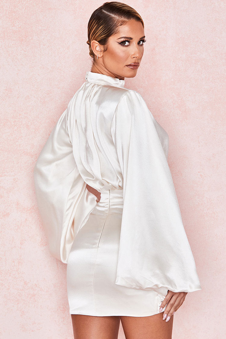 Balloon Sleeve Mock Neck Ruched Bodycon Satin Mini Party Dress - White - Fashionpara