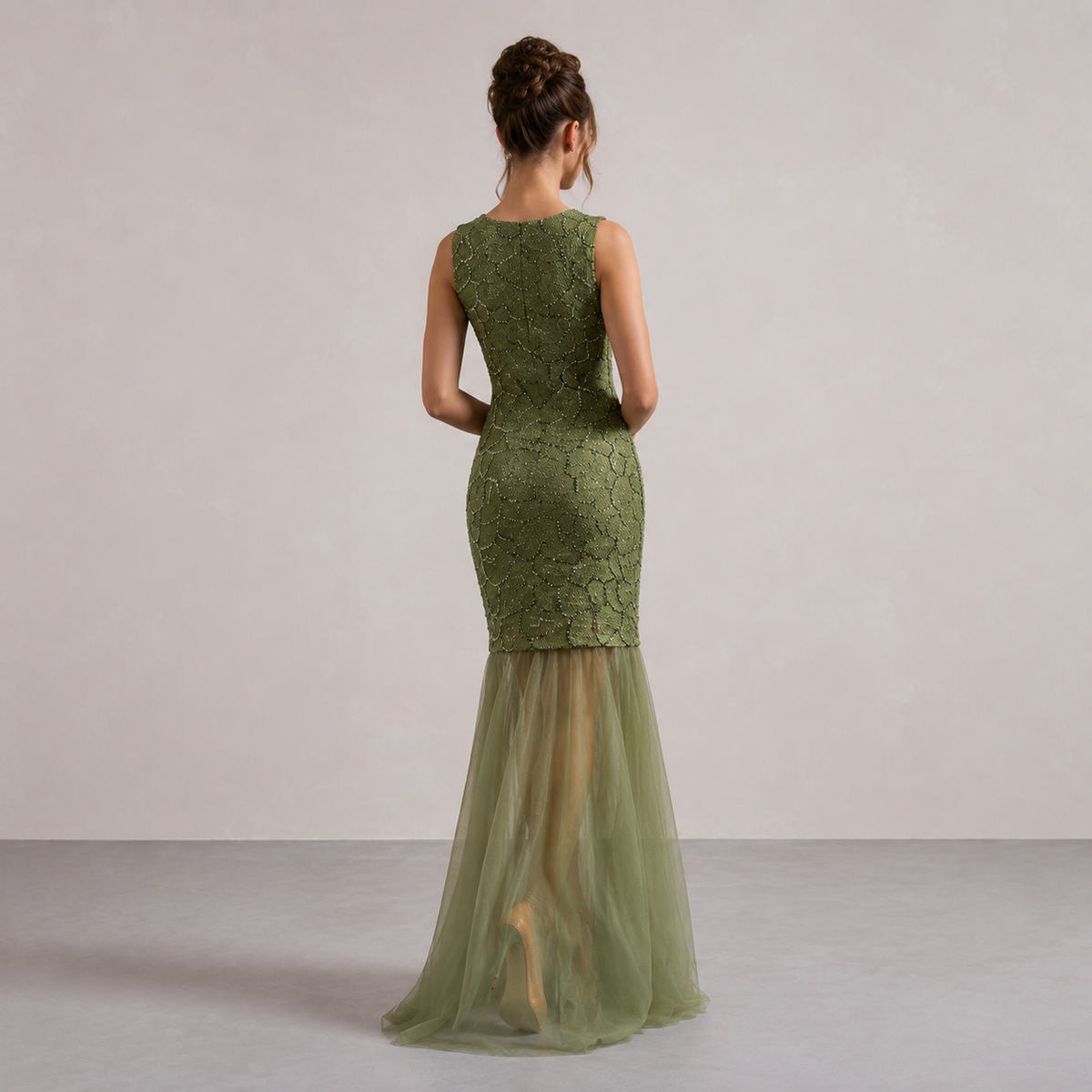 Crew Neck Sleeveless Lace Overlay Sheer Tulle Maxi Dress 6