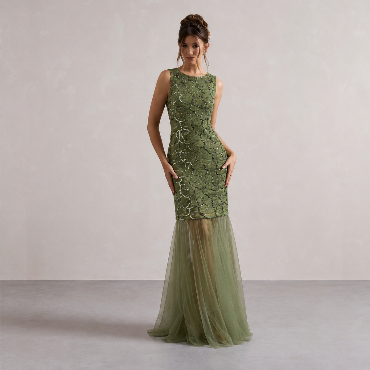 Crew Neck Sleeveless Lace Overlay Sheer Tulle Maxi Dress 4