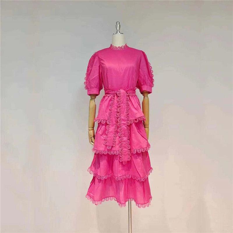 Crochet Trim Puff Sleeve Tiered Midi Dress