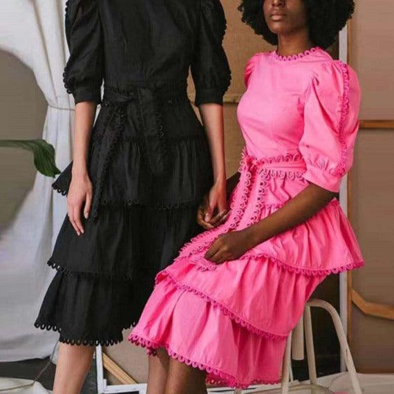 Crochet Trim Puff Sleeve Tiered Midi Dress
