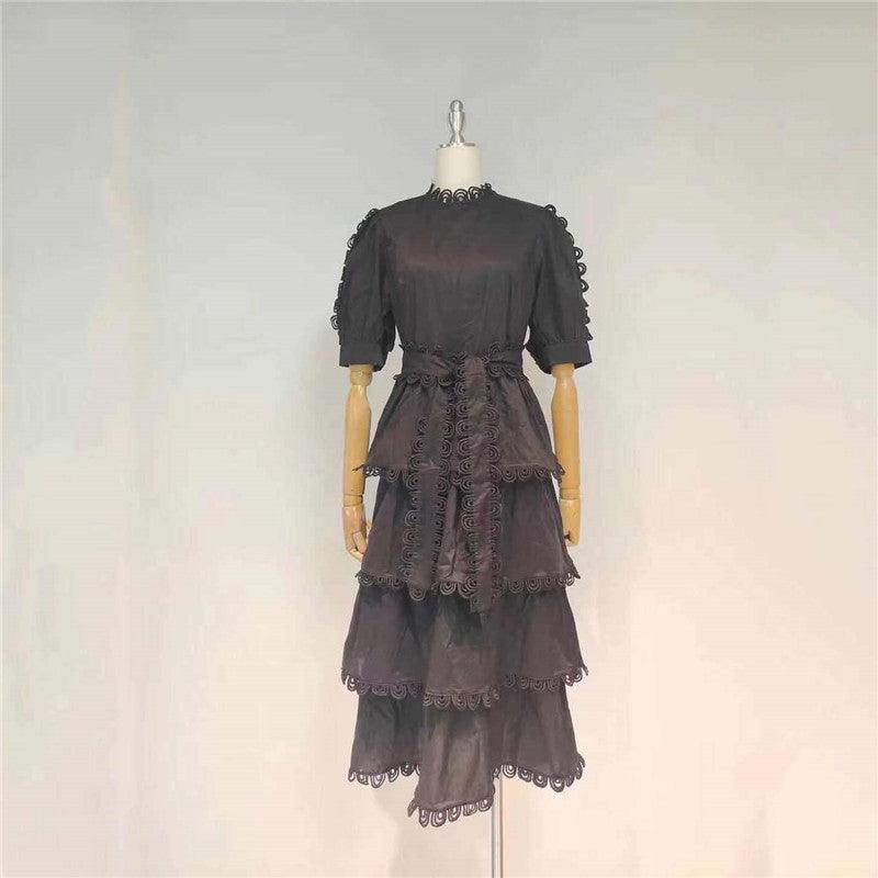 Crochet Trim Puff Sleeve Tiered Midi Dress