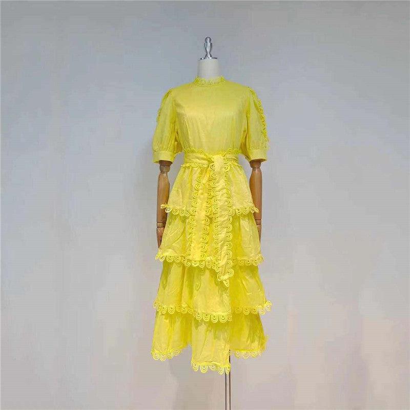 Crochet Trim Puff Sleeve Tiered Midi Dress