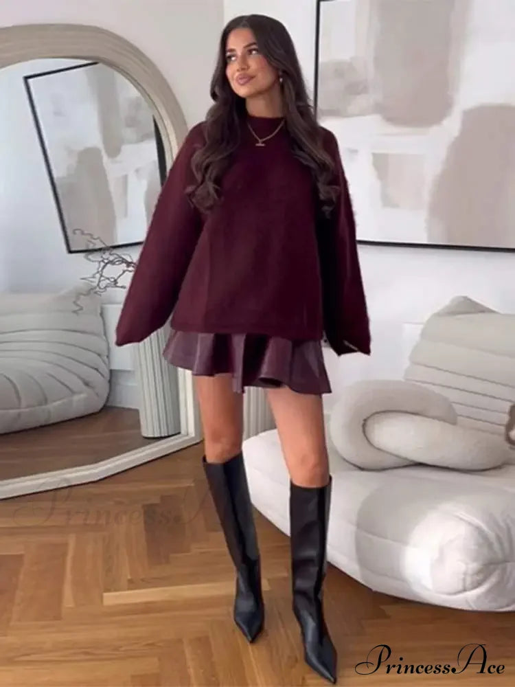 Basic Round Neck Casual Knitted Long Sleeved Loose Christmas Sweater Red / S Sweaters-L