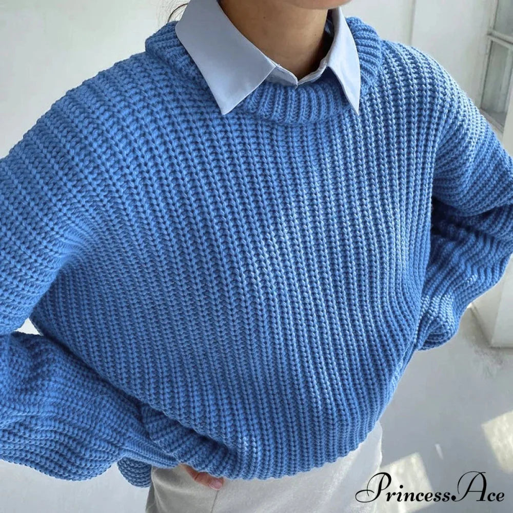 Basic Warm Vintage Green Thick Oversized Knitted Loose White Christmas Sweater Blue / One Size