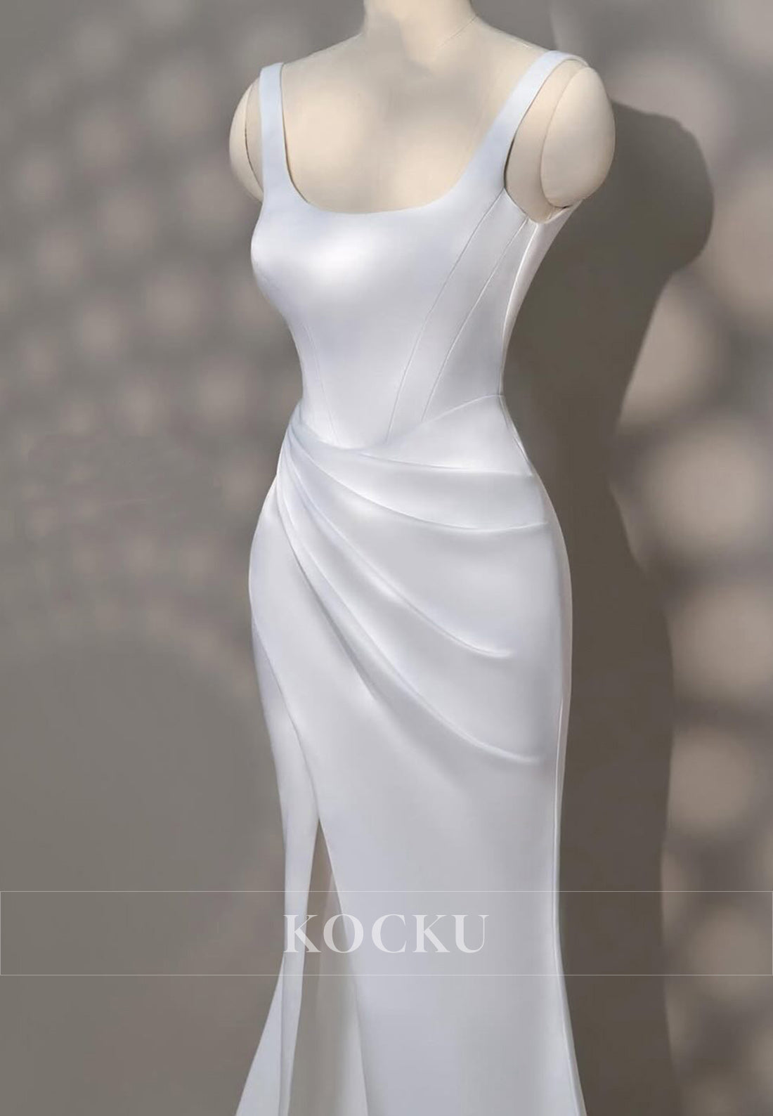 Square Neck Satin Mermaid Wedding Dress with Draped Detail and Slit