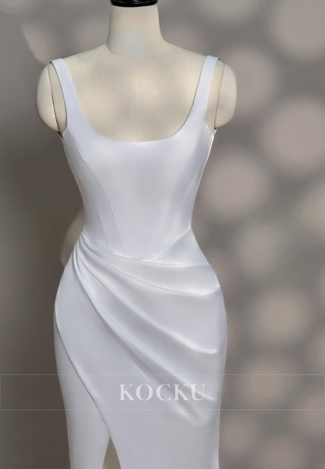 Square Neck Satin Mermaid Wedding Dress with Draped Detail and Slit