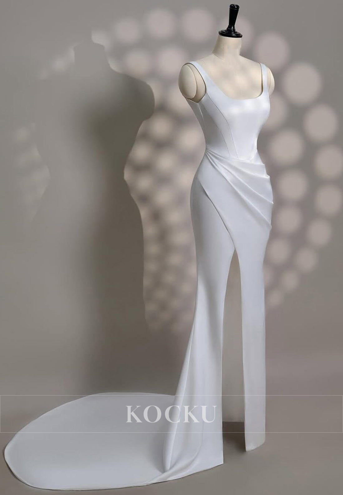 Square Neck Satin Mermaid Wedding Dress with Draped Detail and Slit