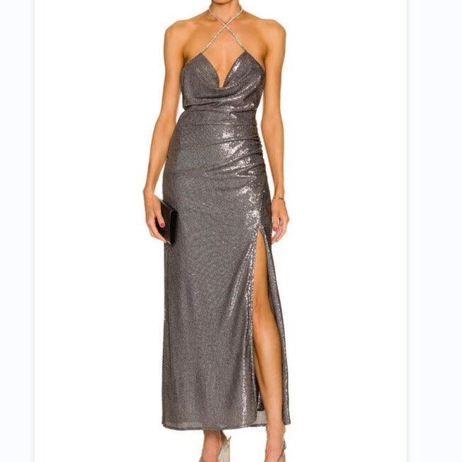 Sequin Halter Neck Ruched High Slit Maxi Gown