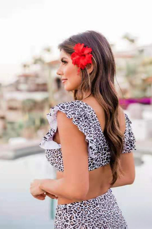 Ruffle Leopard High Waist Bikini Two Piece Swim Set