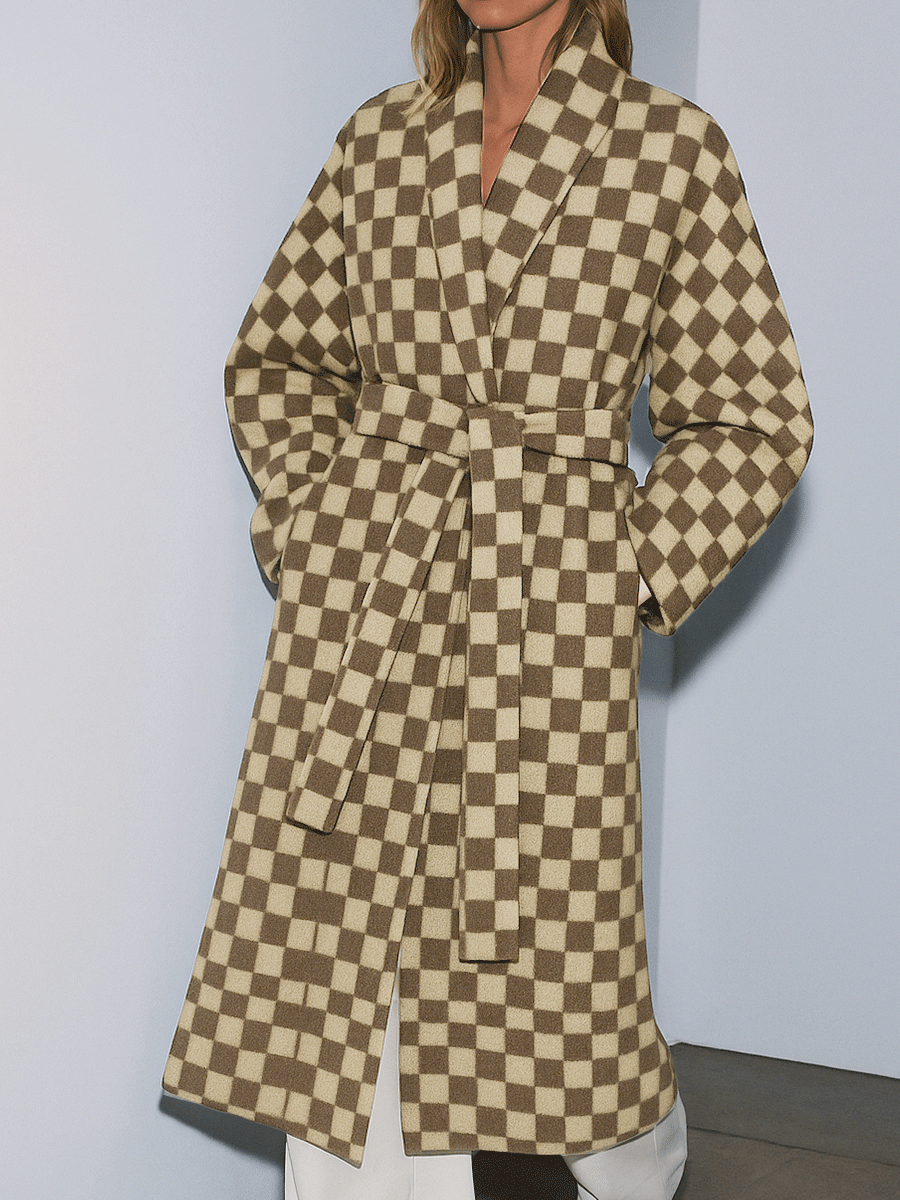 Retro Elegance Checkered Wool Belted Coat - Fashionpara