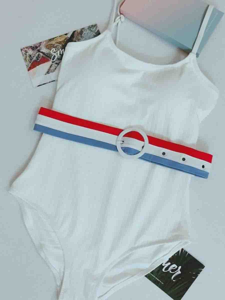 Sport Ribbed High Leg One-piece Swimsuit With Striped Belt - Fashionpara