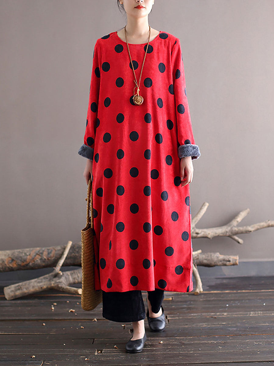 Polka Dot Corduroy Crew Neck Long Sleeve Oversized Midi Dress - View 3