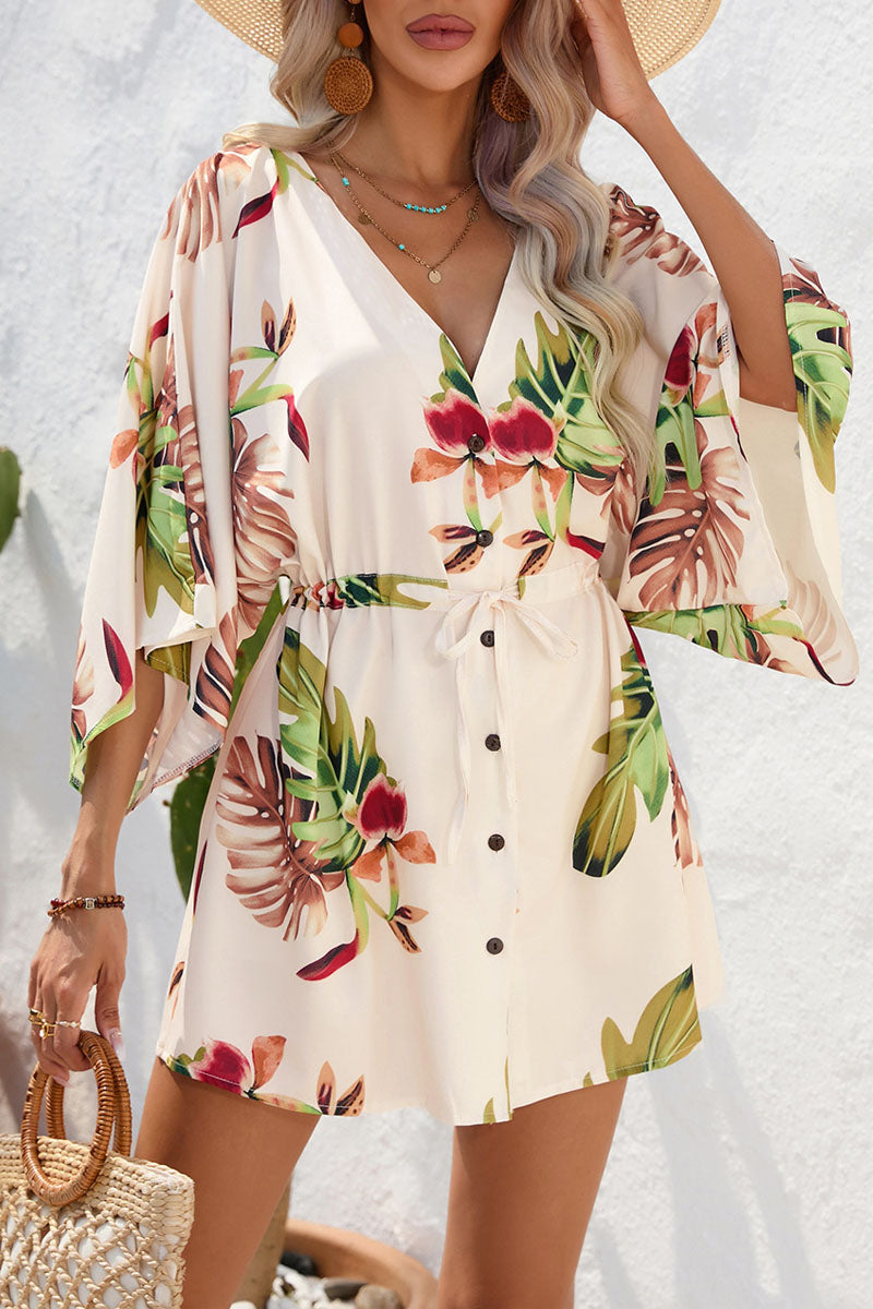 Lace-up Plants Print Yellow One-piece Romper