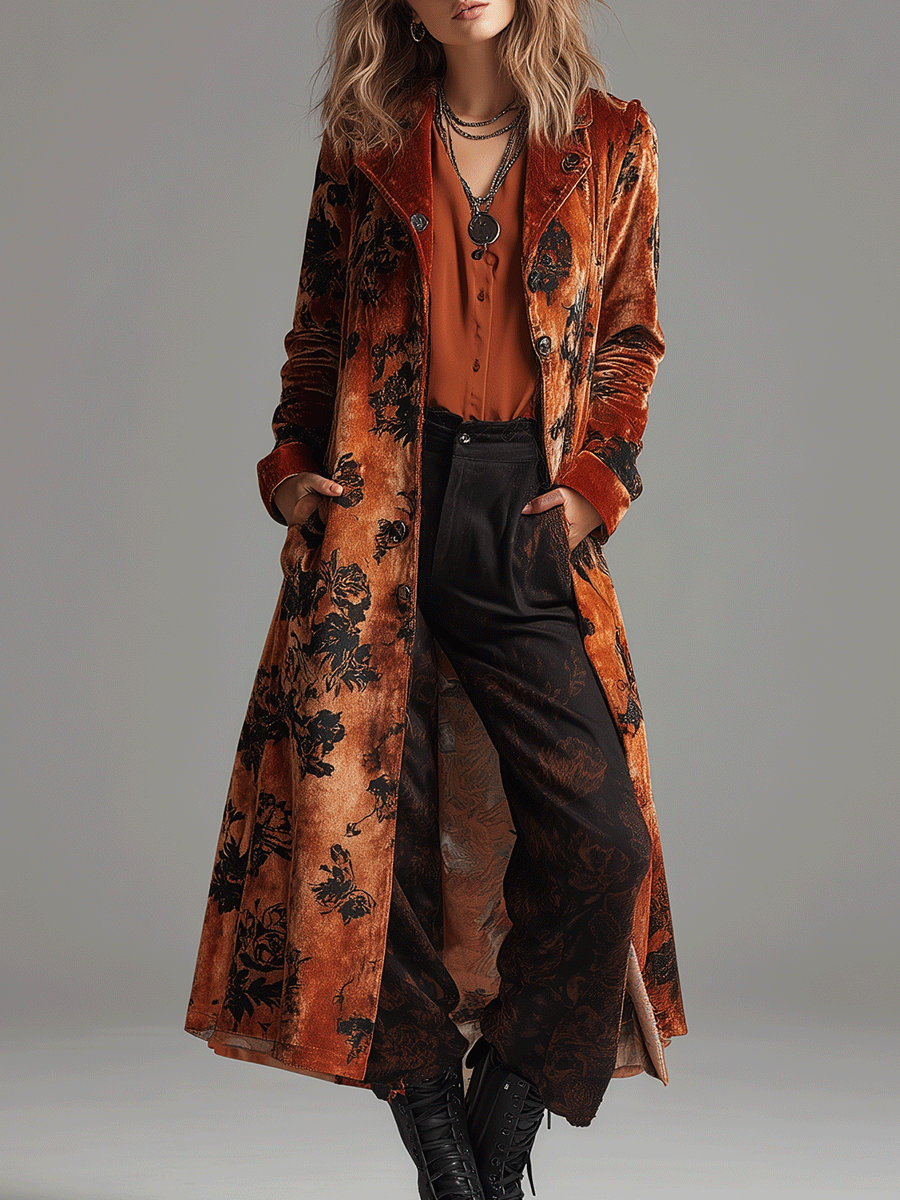 Vintage Burnt Orange Velvet Floral Maxi Coat - Fashionpara