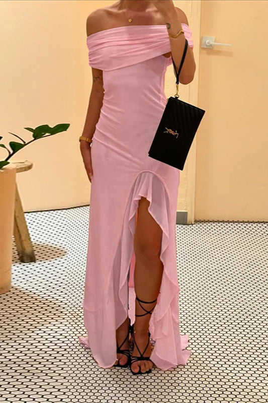 Off-Shoulder Ruffle Mesh Split Maxi Party Dress