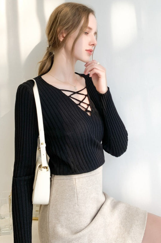Slim Fit Lace Up V Neck Sweater
