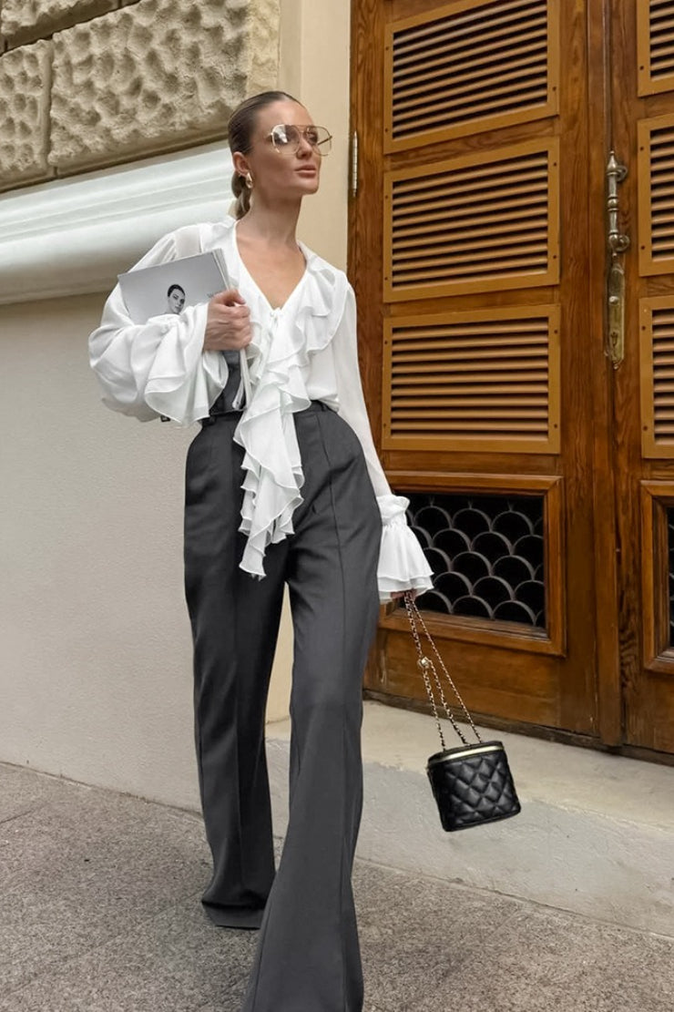 Ruffled V-Neck Tie Long Sleeve Blouse - Fashionpara