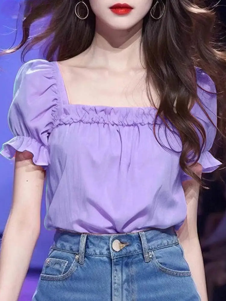 Solid Color Ruffled Square Neck Short Sleeve Blouse